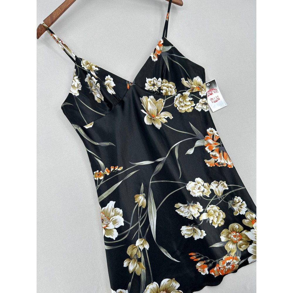 Black Floral Satin Slip Dress V-Neck Adjustable Straps Womens Medium - Picture 8 of 16